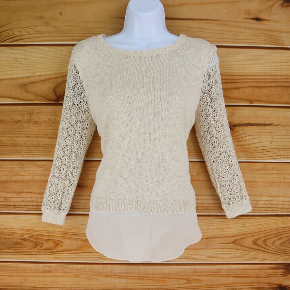Lucky Brand Sweater Lined Open-Back Womens M Beige Linen Bl Crochet Lace Sleeves